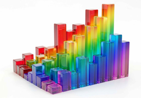 Vibrant, translucent blocks in rainbow colors form a 3D bar graph on a plain white surface,...