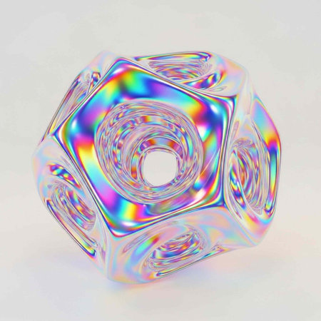 A shiny, holographic bead with a hexagonal shape, swirling patterns, and a central hole, reflecting...