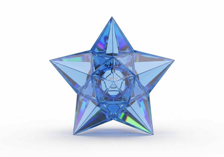 A blue crystal star with faceted surfaces and iridescent reflections sits on a plain white background, casting a subtle shadow.の写真素材