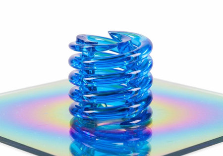 A blue spiral sculpture sits on a holographic surface, reflecting rainbow colors and showcasing a shiny metallic finish and vibrant hues.の写真素材
