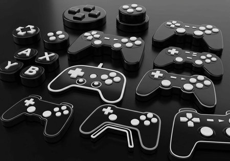 Various black and white video game controllers, directional pads, and symbols like A, B, X, Y on a...