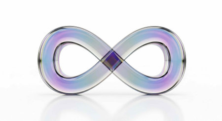 Shiny, multicolored infinity sign with purple, blue, and silver tones, set against a clean white...