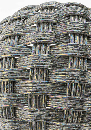 A detailed view of a woven basket featuring a complex interweaving of gray, blue, yellow, and white...