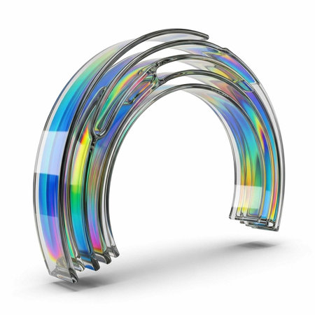 A curved, holographic object with rainbow colors and iridescent reflections, made of transparent...