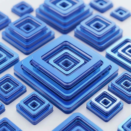 A collection of blue 3D squares with layered, concentric designs, varying in size, on a clean white...