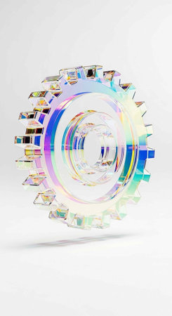 Colorful circular prism with iridescent sheen, multicolored reflections, and geometric shapes on a...