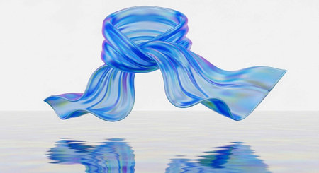 A flowing blue scarf hovers above a calm reflective surface against a clean white backdrop, showcasing its smooth texture and gentle folds.の写真素材