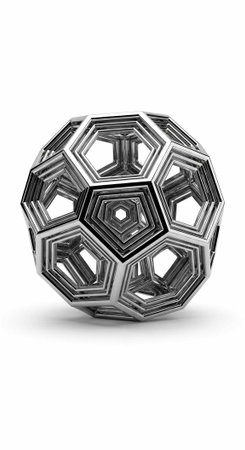 A metallic sphere featuring intricate hexagonal patterns and hollow structures, showcasing a complex...