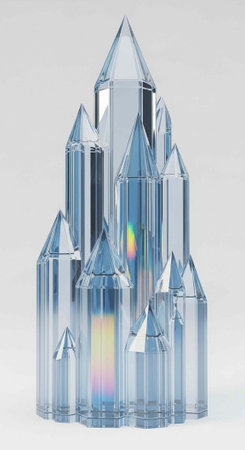A group of clear crystal points with sharp facets and pointed tips, displaying rainbow reflections...