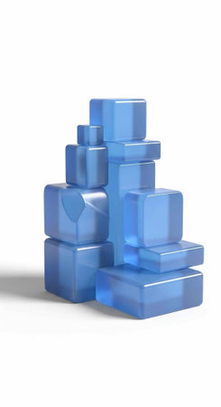 A pile of translucent blue blocks in different sizes stacked haphazardly on a plain white surface