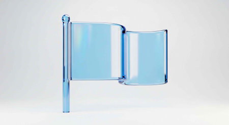 A minimalist blue glass or acrylic sculpture featuring a pole with two attached shapes on a plain...
