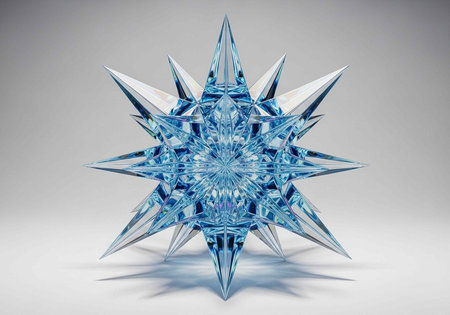 A large, radiant blue diamond star with multiple sharp facets and a brilliant cut, set against a grey backgroundの写真素材