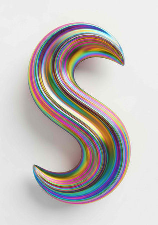 Vibrant, shiny 3D letter S made of multicolored stripes on plain white surface with subtle shadow