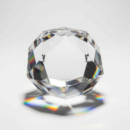 A large, clear diamond crystal with many sparkling facets reflects rainbow colors on a white...