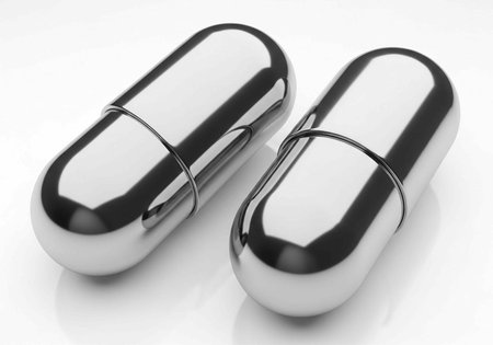 Close-up of two silver capsules with reflective surface, placed on white background, showcasing metallic sheen and smooth textureの写真素材
