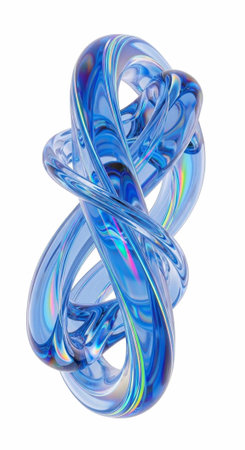 A stunning blue glass sculpture with intertwined loops, showcasing holographic reflections and...