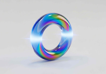 A vibrant, 3D, holographic ring with rainbow colors and light effects stands out against a plain...
