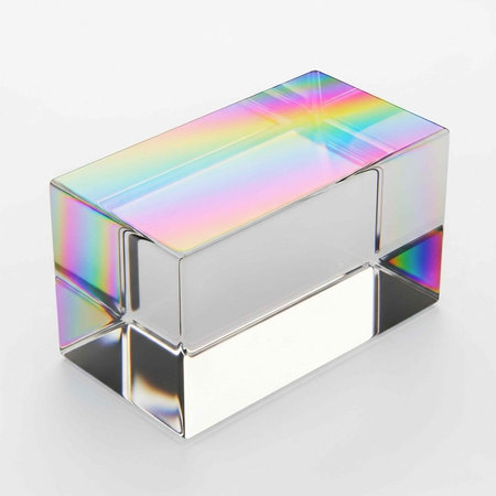 Shiny silver box with holographic rainbow colors on top and sides, placed on a plain white surfaceの写真素材