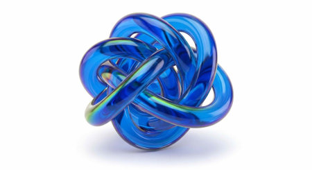 A blue, shiny, interconnected ring sculpture with an iridescent sheen sits on a plain white surface...