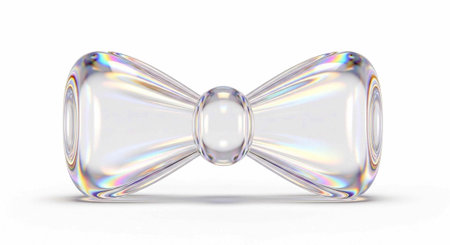A shiny, transparent glass bowtie-shaped object with rainbow-colored reflections on a plain white...
