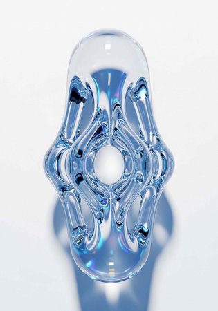 A detailed, transparent glass sculpture with blue undertones and a hollow center is showcased...