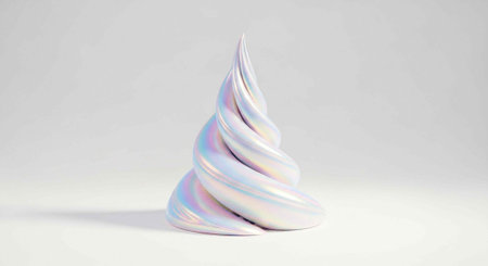 A pastel-colored ice cream swirl with a rainbow sheen sits on a plain white surface and background