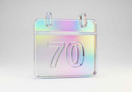 A 3D holographic calendar icon with a shiny surface, displaying the number 70, featuring rainbow...
