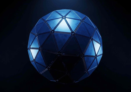 A futuristic blue geodesic dome with triangular panels and a metallic framework glows against a dark...