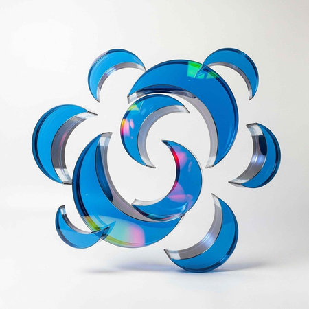 Colorful, modern 3D sculpture with blue and silver swirling curves, set against a clean white...