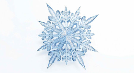 A single, detailed blue snowflake with intricate patterns and sharp edges on a plain white...