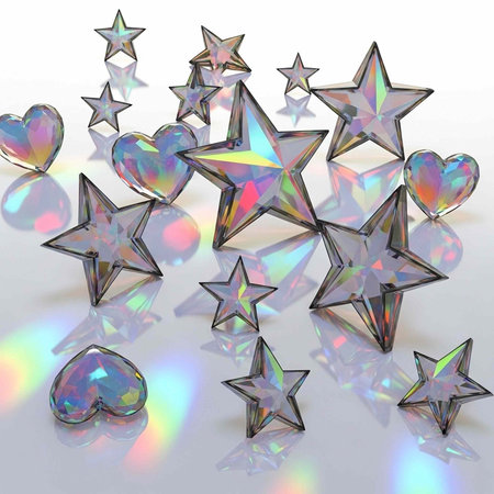 Colorful holographic stars and hearts with rainbow reflections on a white surface, shiny and metallic appearanceの写真素材