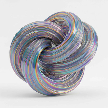 Vibrant, multi-colored, twisted metal art piece with shimmering, holographic effect and smooth texture on plain white settingの写真素材