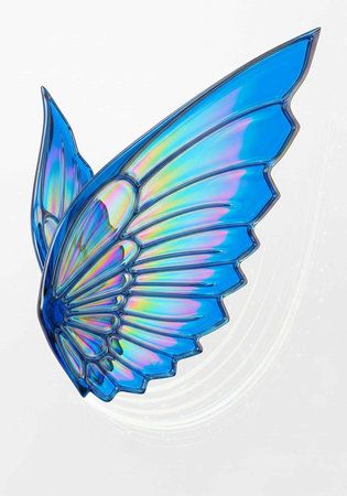 A vibrant blue butterfly wing with iridescent colors and delicate details against a clean white...