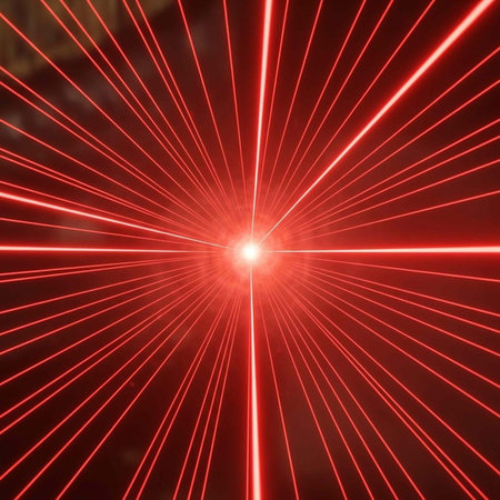 A bright red laser beam radiates outward in all directions from a central point of light