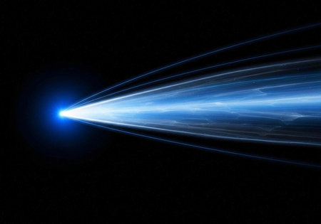 A bright blue light streaks through the darkness of space with vibrant streaks of energy