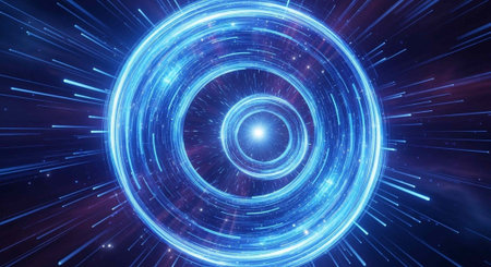 A vibrant blue glowing spiral shape radiates light in a dark space with streaks of motion