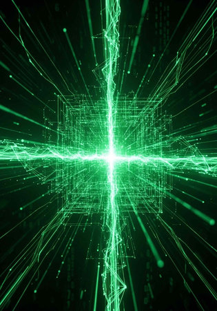 A vibrant green light radiates from a central point in a futuristic digital landscape with lines and grid patternsの写真素材