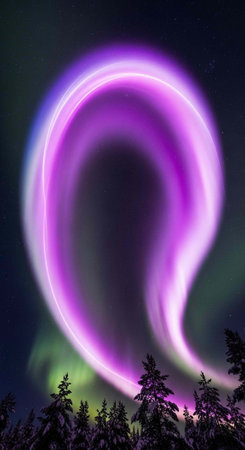 A stunning display of purple and green aurora borealis in a dark night sky with trees in the...