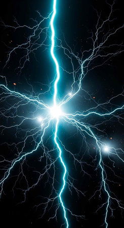 A vibrant electric blue lightning bolt strikes through the dark night sky with multiple branches
