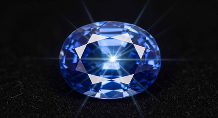 A large oval cut blue diamond sparkling on a black background with bright reflections and light rays