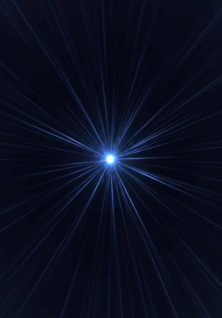 A bright blue light shining in the dark with radiant beams emanating from it