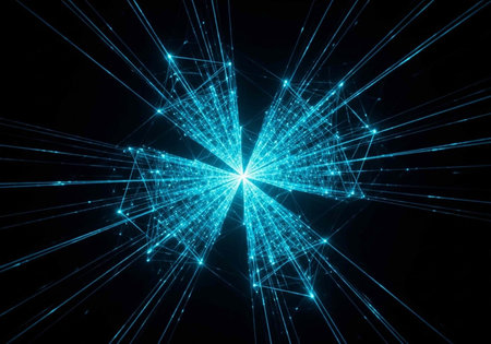 A vibrant blue network of glowing lines and dots radiates from a central point against a dark...