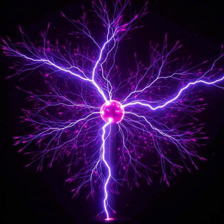 A vibrant purple lightning bolt radiates from a glowing orb against a dark background