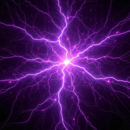 A vibrant purple lightning bolt radiates energy from a central point in a dark background