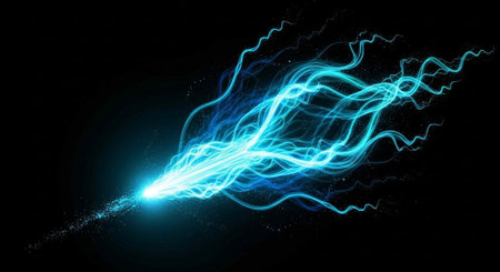 A vibrant blue light streaks through the darkness of space with dynamic energy trails behind it.