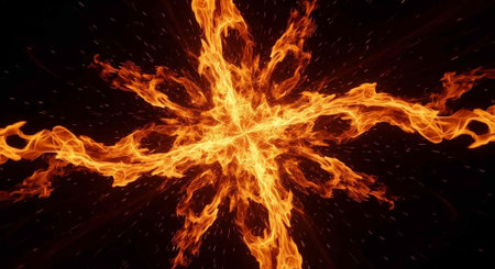 A vibrant and dramatic fiery snowflake explodes in a dark space with flames and sparks