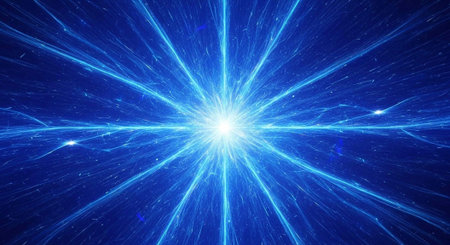 A bright blue light radiates from the center of a dark blue background with vibrant streaks of lightの写真素材