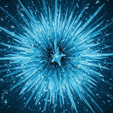 A stunning blue crystal formation radiates from a central point in a dark background