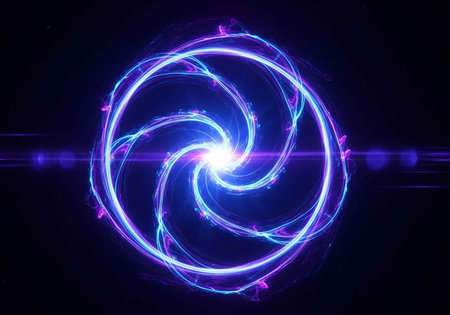 A vibrant purple and blue neon spiral glows brightly against a dark background with streaks of light