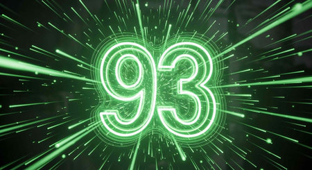 A vibrant green neon number 93 surrounded by dynamic lines and energy bursts in a dark background